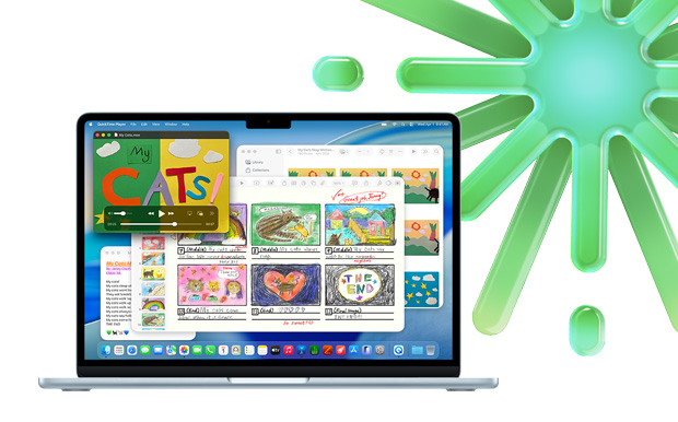天蓝色 MacBook，屏幕上显示 QuickTime、备忘录、Keynote 讲演和照片 app，展示使用多个 app 进行多任务处理的能力。