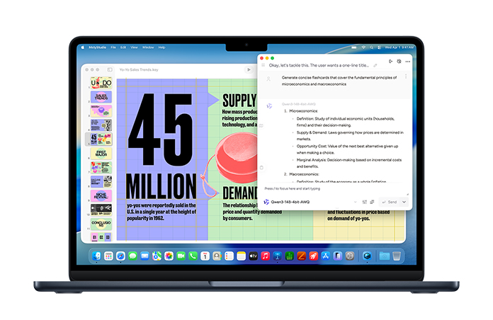 MacBook 上显示的 Msty Studio 界面正演示着微观经济学闪卡，展示设备端 AI 功能。