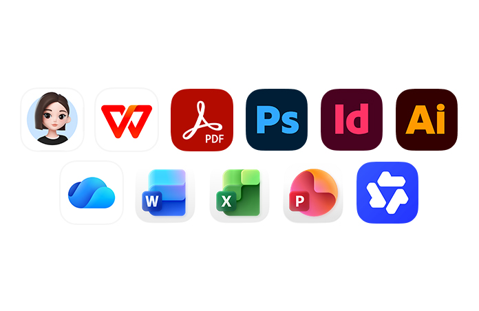 多个图标，包括豆包、WPS、Acrobat、Adobe Photoshop、Adobe InDesign、Adobe Illustrator、OneDrive、Microsoft Word、Microsoft excel、Microsoft PowerPoint，以及千问。