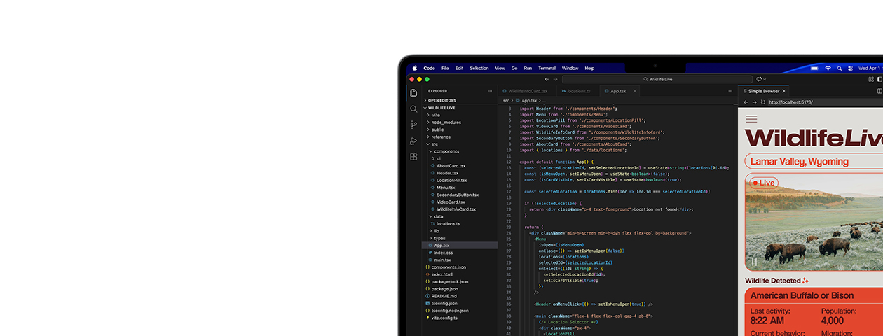 在 Mac 上运行的编程工具 Code，以及 app 预览。