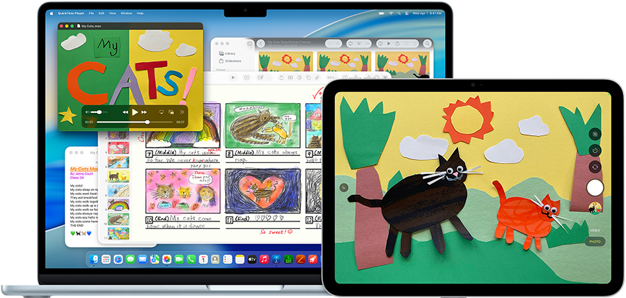 Mac 和 iPad 上显示着充满创意的演示文稿，呈现带有纹理效果的动物图像，展示设备的多功能性。