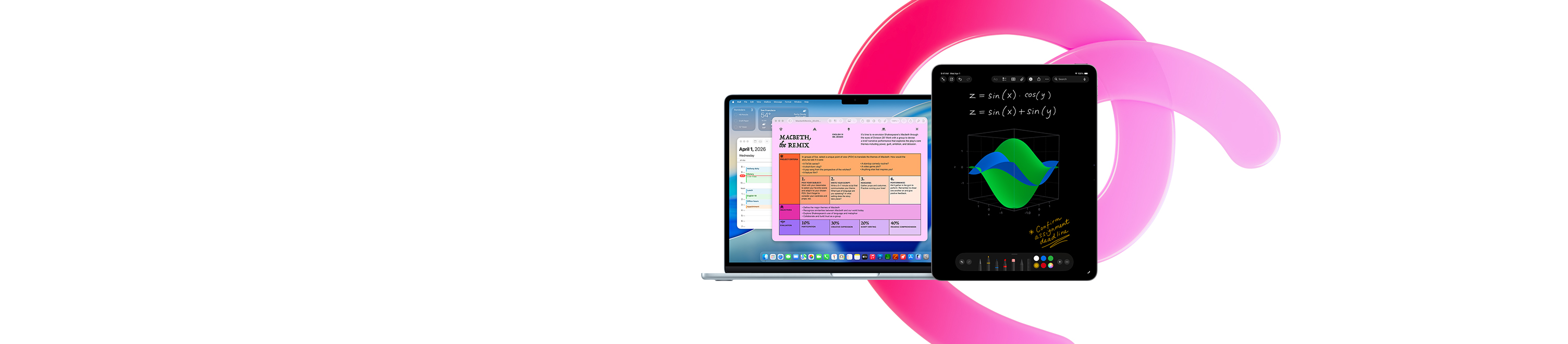 MacBook Air 显示 Pages 文稿、日历、提醒事项，旁边的 iPad 显示“数学笔记”中的手写方程式，展示内置 app 带来的生产力。