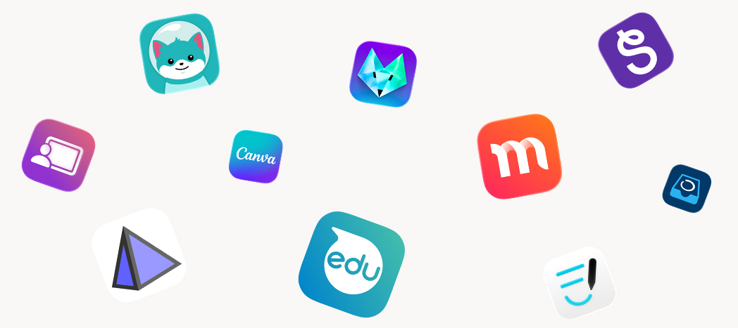 基础教育 app 合作伙伴图标一览：Jamf Teacher、GeoGebra、Kaligo、Canva、Sphero Edu、Foxar、Magma Math、Goodnotes、Seesaw 和 Showbie。