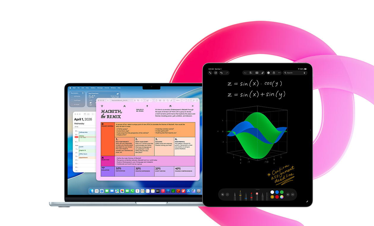 MacBook Air 显示 Pages 文稿、日历、提醒事项，旁边的 iPad 显示“数学笔记”中的手写方程式，展示内置 app 带来的生产力。