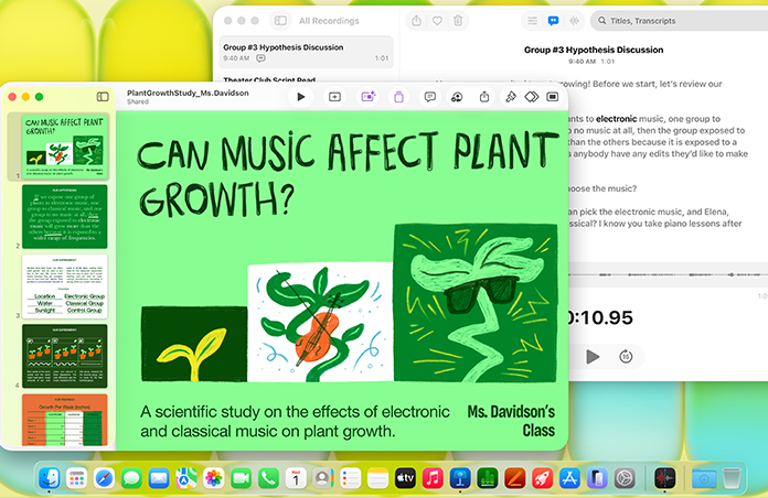 Mac 屏幕上显示题为“Can Music Affect Plant Growth? (音乐会影响植物生长吗？)”的 Keynote 讲演演示文稿，旁边还有“语音备忘录”听写文本，体现了设备的多功能性。