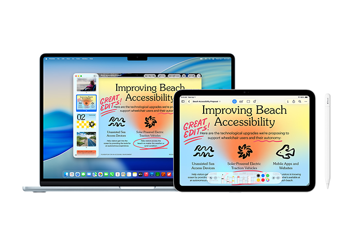 Mac 和 iPad 上显示相同的演示文稿，其中包含用 Apple Pencil 做的红色标注，以此展示设备间的连续互通；并配有 Apple Pencil 正面视图。