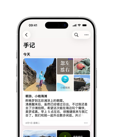iPhone 上的手记 app 显示今天记录的手记，内容是沙滩游玩的图片和一段关于美梦成真的文字。