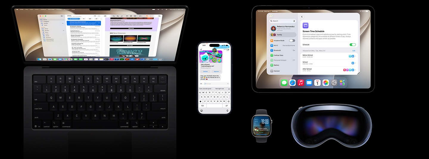 五款产品分别是：深蓝色 iPhone 17 Pro，屏幕上展示少儿安全的“请求浏览”功能；Apple Watch Series 11，46 毫米深空灰色表壳，锁定屏幕上显示智能叠放功能，最前方为日历的生日提醒；深空黑色 14 英寸 MacBook Pro，屏幕上展示邮件 app 中的收件箱；深空黑色 11 英寸 iPad Pro，正在显示屏幕时间安排功能的设置界面；Apple Vision Pro，正面外观。