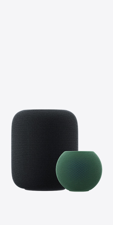 绿色 HomePod mini 2 和午夜色 HomePod (第二代)。