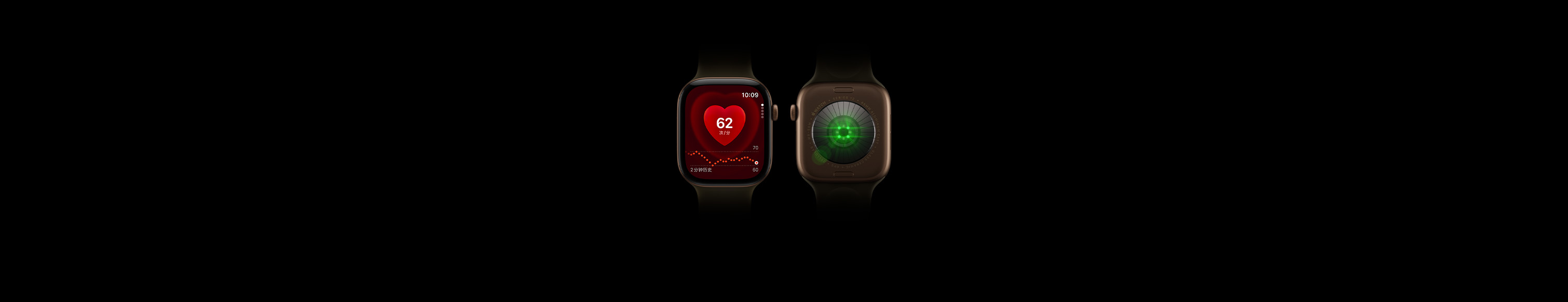 两只 Apple Watch Series 12 设备，深古铜色铝金属表壳搭配橄榄色运动型表带，其中一只展示手表正面屏幕上的心率 app；另一只展示手表背面亮着绿色 LED 灯光的健康感测系统。