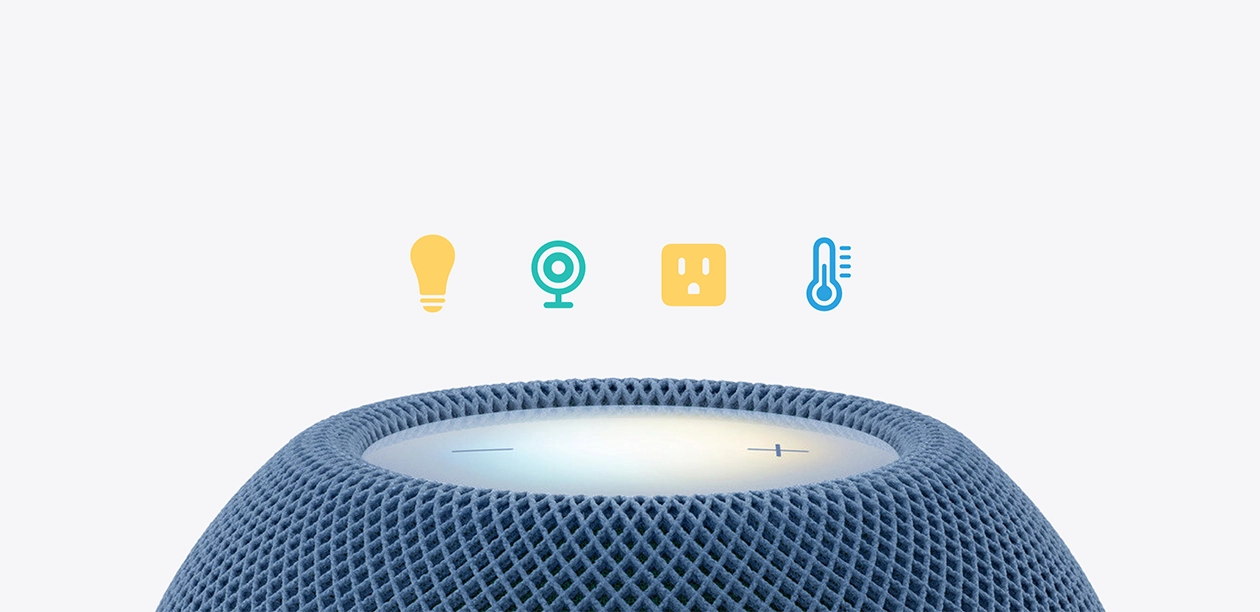 蓝色 HomePod mini 2 的顶部外观，展示亮起的触控面板，以及上方的四个智能家居图标：灯泡、安防摄像头、插座和温度计。