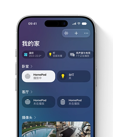 iPhone 屏幕显示家庭 app 中的“我的家”视图，卧室和客厅的配件板块包括台灯和 HomePod 扬声器。