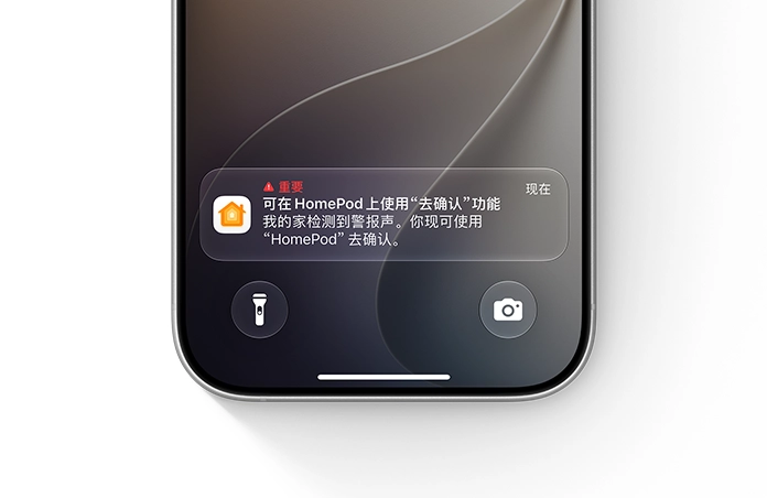 iPhone 锁定屏幕显示来自家庭 app 的重要通知，内容为：重要。可在 HomePod 上使用“去确认”功能。我的家检测到警报声。你现可使用“HomePod”去确认。