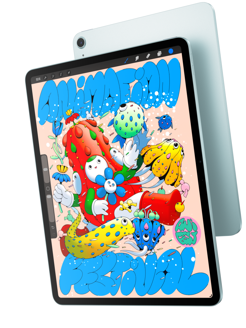 13 英寸 iPad Air 机型的正面外观，屏幕显示一个第三方数字绘图 app，与另一部蓝色 iPad Air 的背面外观部分重叠。