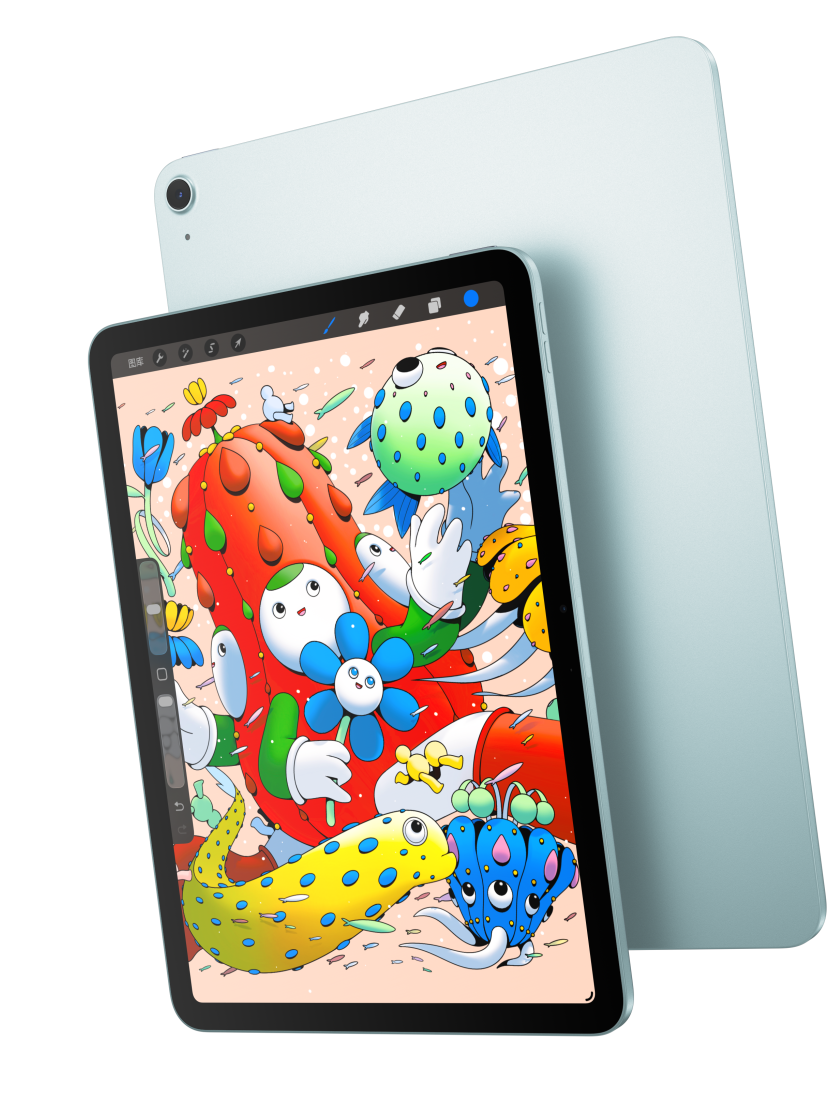 11 英寸 iPad Air 机型的正面外观，屏幕显示一个第三方数字绘图 app，与另一部蓝色 iPad Air 的背面外观部分重叠。