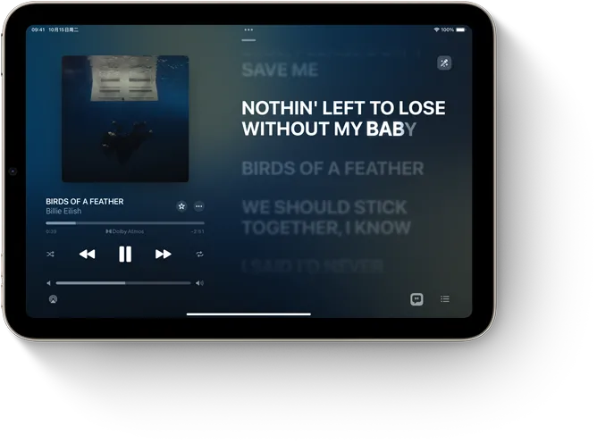 iPad mini 在横屏模式下展示 Apple Music 中正在播放的歌曲。