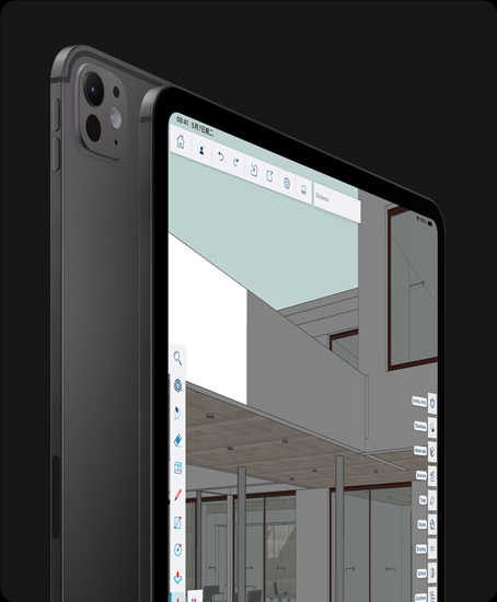 深空黑色 iPad Pro 的背面外观，展示 Pro 级摄像头系统；旁边是 iPad Pro 的正面外观，展示黑色的显示屏边框和圆角设计，屏幕显示正在编辑一个三维项目。