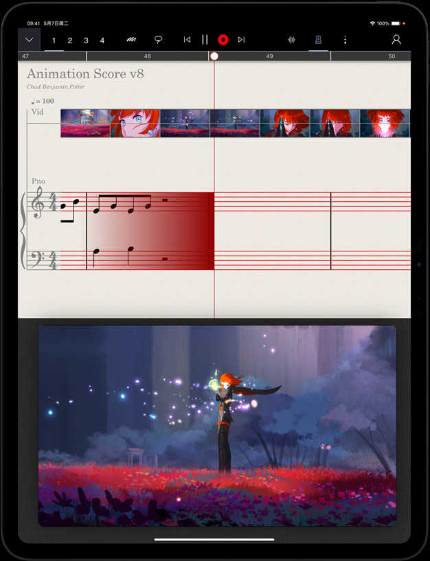 竖屏放置的 iPad Pro，屏幕下半部分显示一个动画，上半部分显示正在为这段动画谱写伴奏曲。