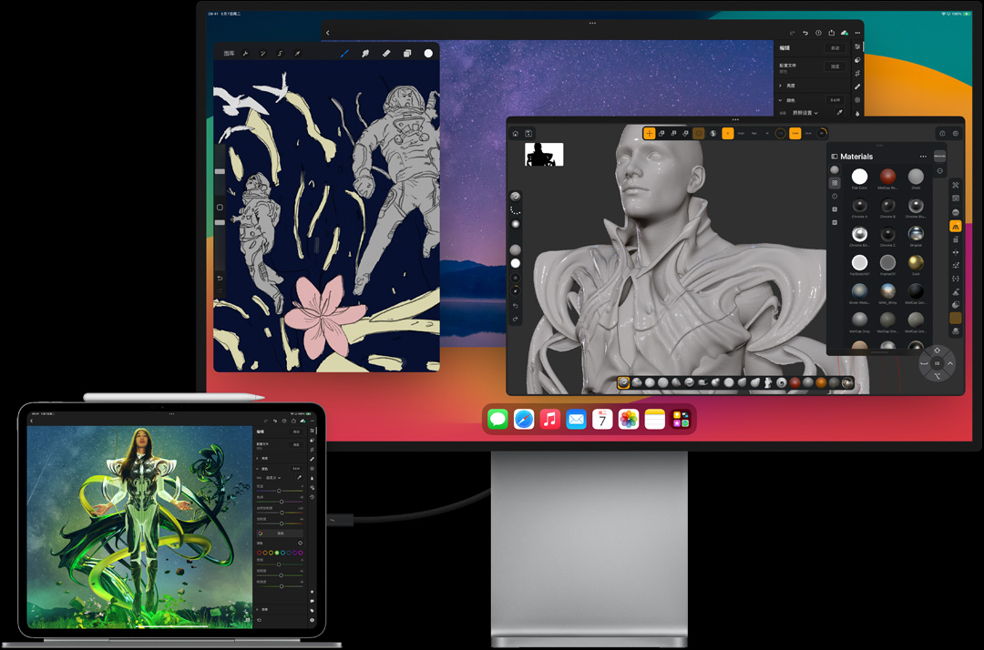 iPad Pro 与妙控键盘相连，横屏放置，同时连接着一台外接显示器，两个屏幕显示均在编辑图像。