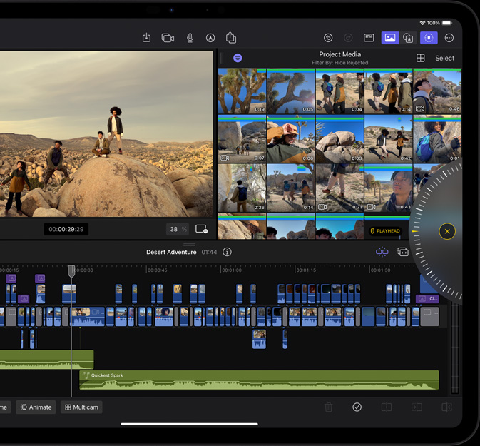 横屏放置的 iPad Pro，屏幕显示视频剪辑界面，多条视频素材正剪辑在一起。