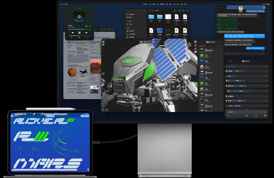 iPad Pro 与妙控键盘相连的正面外观，两台设备均外接至 Studio Display，iPad Pro 屏幕上的平面设计 app 展示鲜活生动的色彩和文字，Studio Display 屏幕上显示多款 app 和一个 3D 模型。