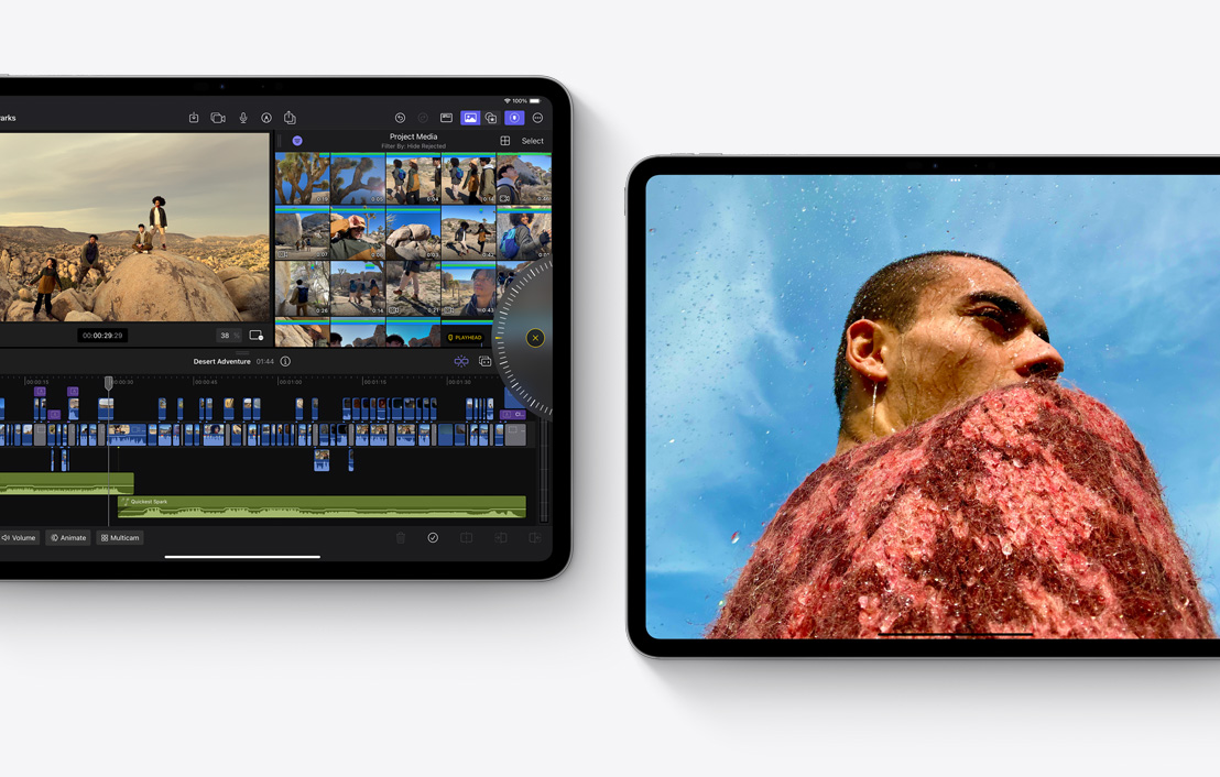 图片展示两台 iPad Pro，屏幕上分别显示 Final Cut Pro 2.0 和照片 app。