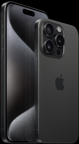 黑色钛金属外观 6.7 英寸 iPhone 15 Pro Max 的正面视图，和 6.1 英寸 iPhone 15 Pro 的背面视图