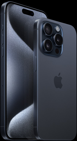 蓝色钛金属外观 6.7 英寸 iPhone 15 Pro Max 的正面视图，和 6.1 英寸 iPhone 15 Pro 的背面视图