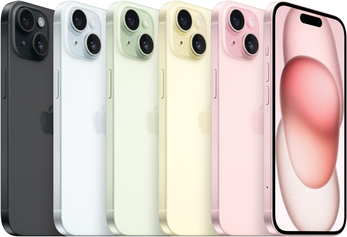 五款颜色的 iPhone 15 背面视图，包括黑色、蓝色、绿色、黄色和粉色。以及粉色 iPhone 15 的正面视图。