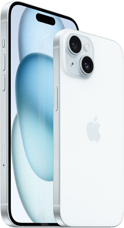 蓝色 6.7 英寸 iPhone 15 Plus 的正面视图和蓝色 6.1 英寸 iPhone 15 的背面视图。