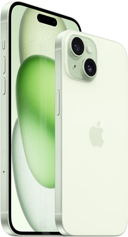 绿色 6.7 英寸 iPhone 15 Plus 的正面视图和绿色 6.1 英寸 iPhone 15 的背面视图。