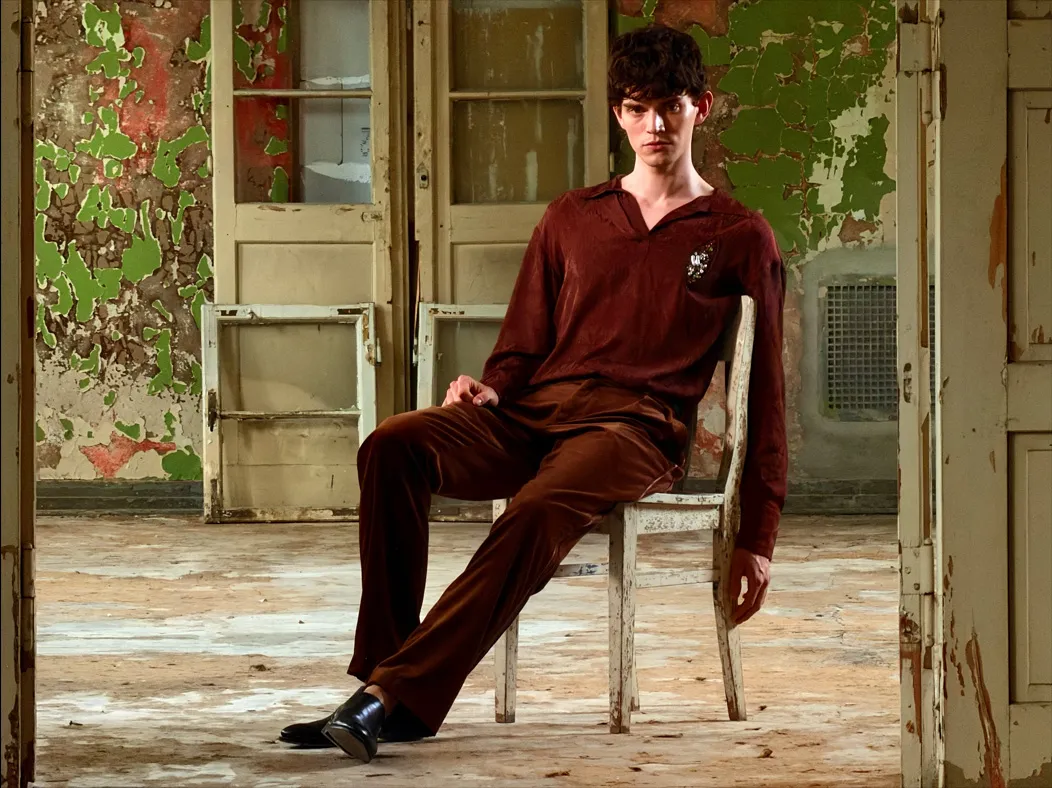 照片 app 展示 Pro 级融合式摄像头系统在不同焦距下的拍摄视角。当前切换到 200 毫米等效焦距，画面显示一位男子坐在废旧房间内的椅子上，面向门口。