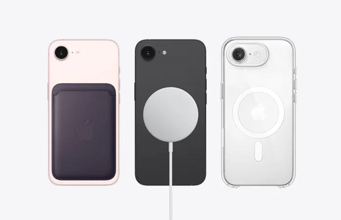 iPhone 17e 背面外观，展示吸附的 MagSafe 磁吸配件。