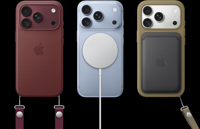 从左至右：iPhone 18 Pro，装有勃艮第酒红色科技织物保护壳，保护壳上挂着勃艮第酒红色斜挎挂绳；中间为冰川蓝色 iPhone 18 Pro，机身背面吸附白色 MagSafe 充电器，右侧为银色 iPhone 18 Pro，装有绿色保护壳和黑色皮革卡包，保护壳上挂着腕带。
