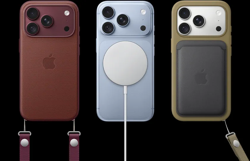 从左至右：iPhone 18 Pro，装有勃艮第酒红色科技织物保护壳，保护壳上挂着勃艮第酒红色斜挎挂绳；中间为冰川蓝色 iPhone 18 Pro，机身背面吸附白色 MagSafe 充电器，右侧为银色 iPhone 18 Pro，装有绿色保护壳和黑色皮革卡包，保护壳上挂着腕带。