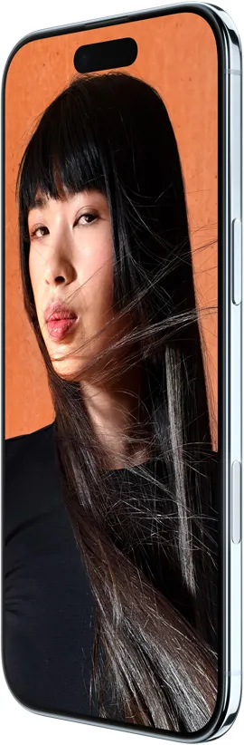 iPhone Air，展示正面外观和侧面外观，全面屏设计，屏幕顶部的灵动岛，以及侧边按钮和相机控制按钮。