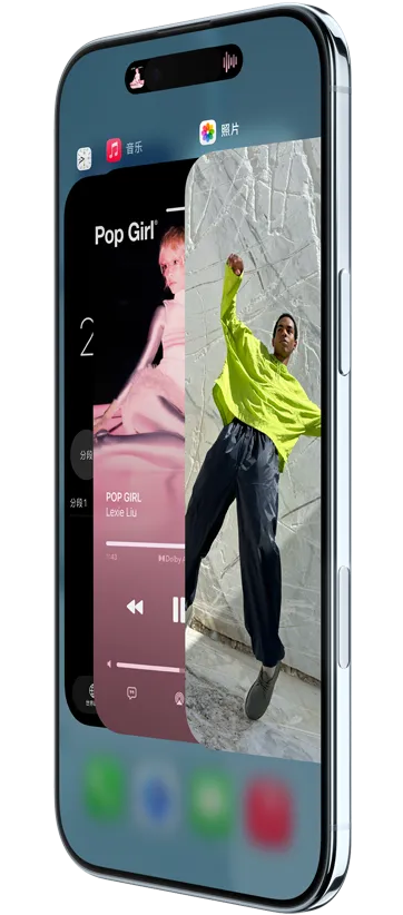 iPhone Air 正面斜侧外观，屏幕上显示时钟、Apple Music 和照片 app，展示正在使用 App 切换器功能。