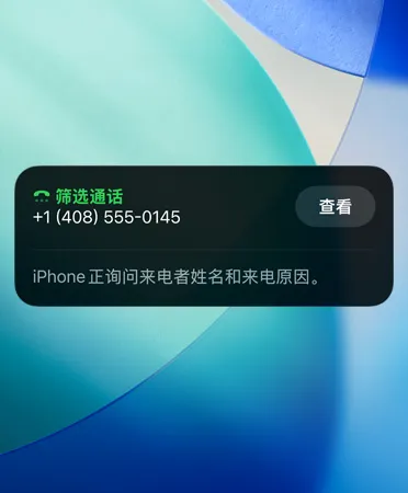iPhone app 显示正在使用通话筛选功能。