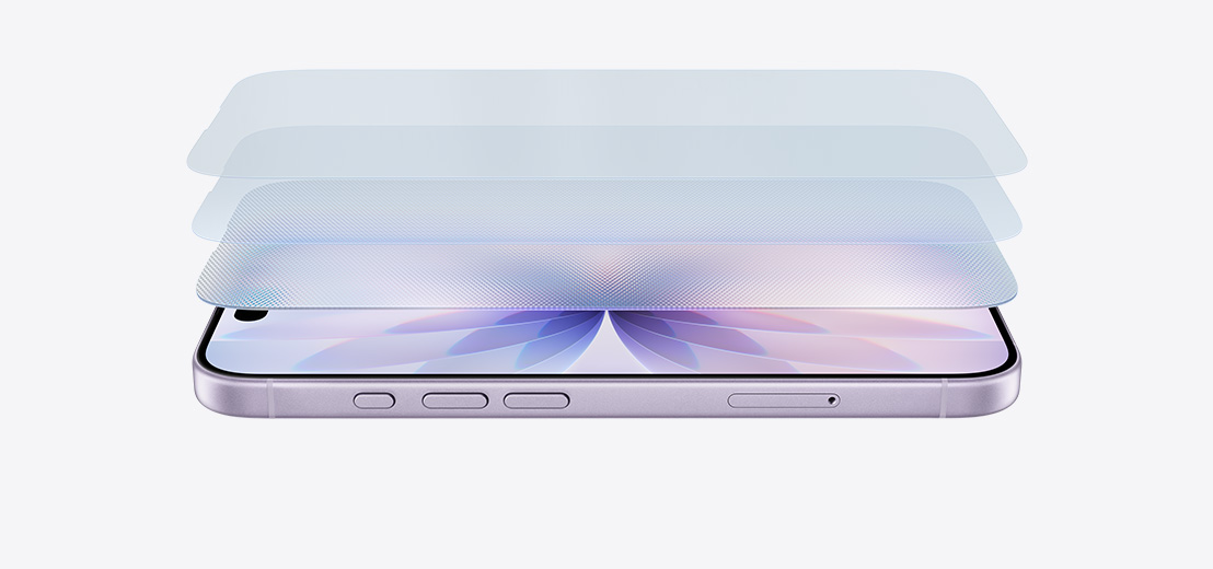 薰衣草紫色 iPhone&nbsp;17，横向平放，屏幕上方浮现分层示意图，展示超瓷晶面板 2 的设计。