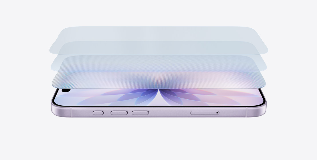 横向放置的薰衣草紫色 iPhone 17 机身侧面，分层设计图展示超瓷晶面板 2。