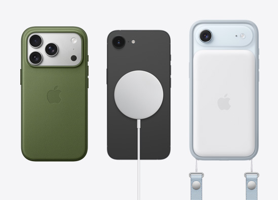 并排摆放的新款 iPhone 机型，展示多款配件，分别是 MagSafe 科技织物保护壳、MagSafe 充电器、MagSafe 电池和斜挎挂绳。