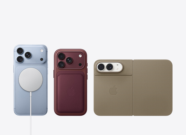 多部新款 iPhone 机型并排摆放，展示 MagSafe 充电器、MagSafe 精织斜纹卡包、带支架的双面夹等配件。