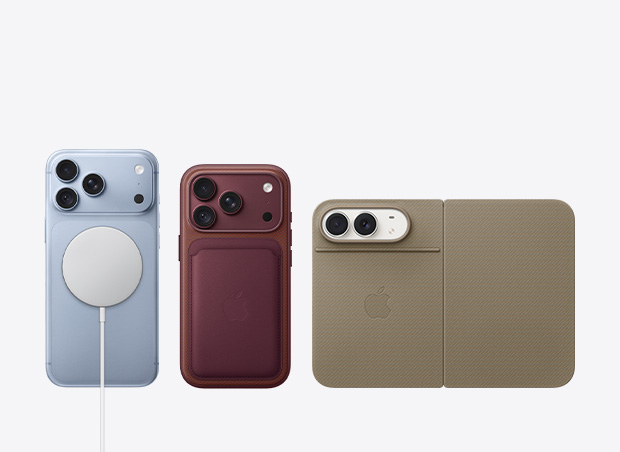 多部新款 iPhone 机型并排摆放，展示 MagSafe 充电器、MagSafe 精织斜纹卡包、带支架的双面夹等配件。