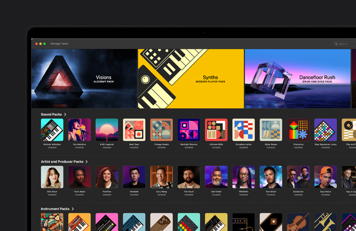 Mac 屏幕展示数十个不同的声音包、艺人和制作人包以及乐器包。