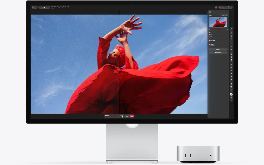 Mac mini 正面图，收置在 Studio Display 下方，屏幕显示 macOS 系统中运行的 Pixelmator Pro。