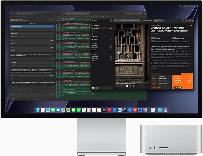 Studio Display XDR，屏幕显示 LM Studio 正在处理的文档；位于显示器下方的 Mac Studio，展示正面视图。