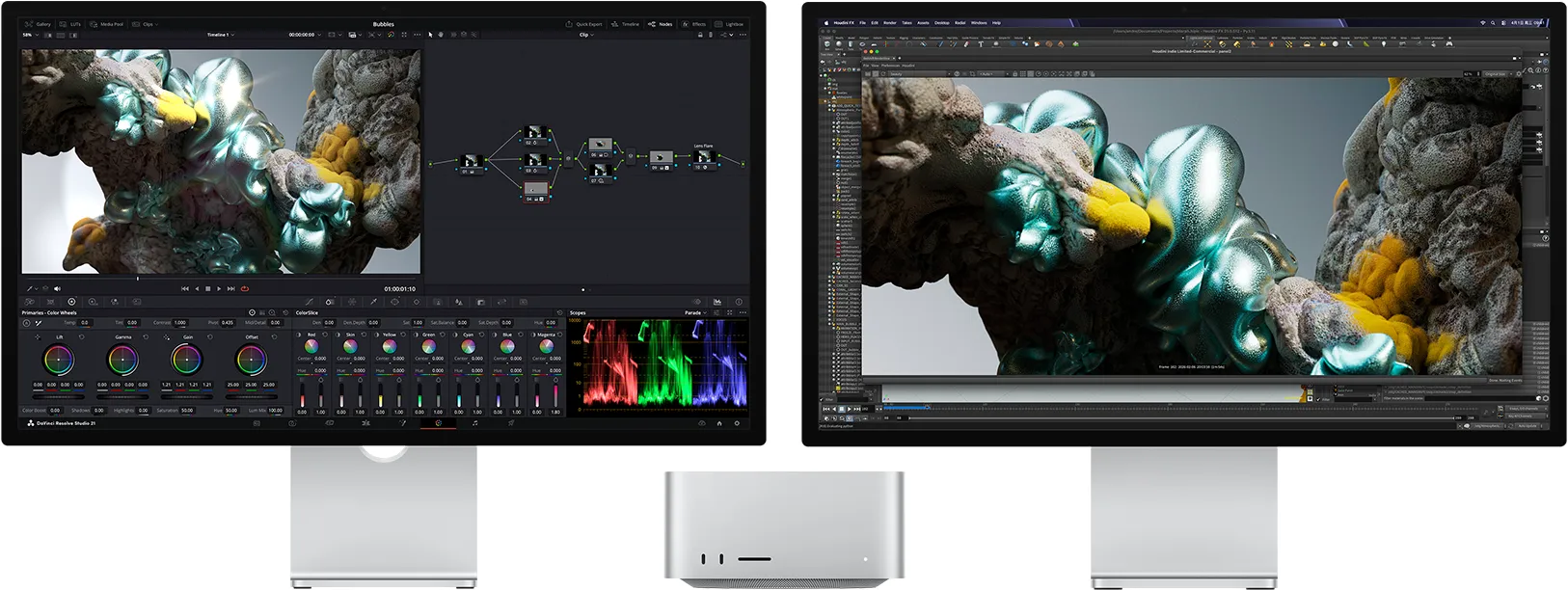 Studio Display，屏幕显示 DaVinci Resolve Studio 中放大的抽象彩色图像；Mac Studio 展示正面视图； Studio Display XDR，屏幕上的 Houdini 和 Maxon Redshift 展示进一步放大的同一图像。