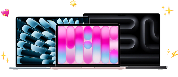 一台打开的 MacBook Air、一台打开的 MacBook Neo 和一台打开的 MacBook Pro。