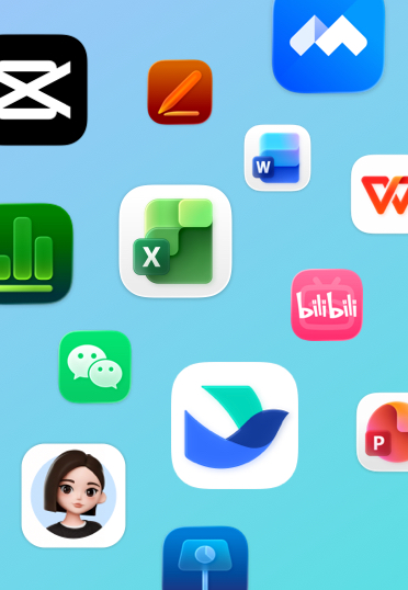 桌面上分组显示各种 app，包括 Keynote 讲演、Pages 文稿、备忘录和邮件