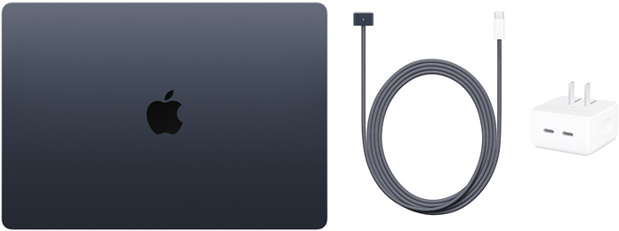 15 英寸 MacBook Air、USB-C 转 MagSafe 3 连接线和 35W 双 USB-C 端口小型电源适配器。